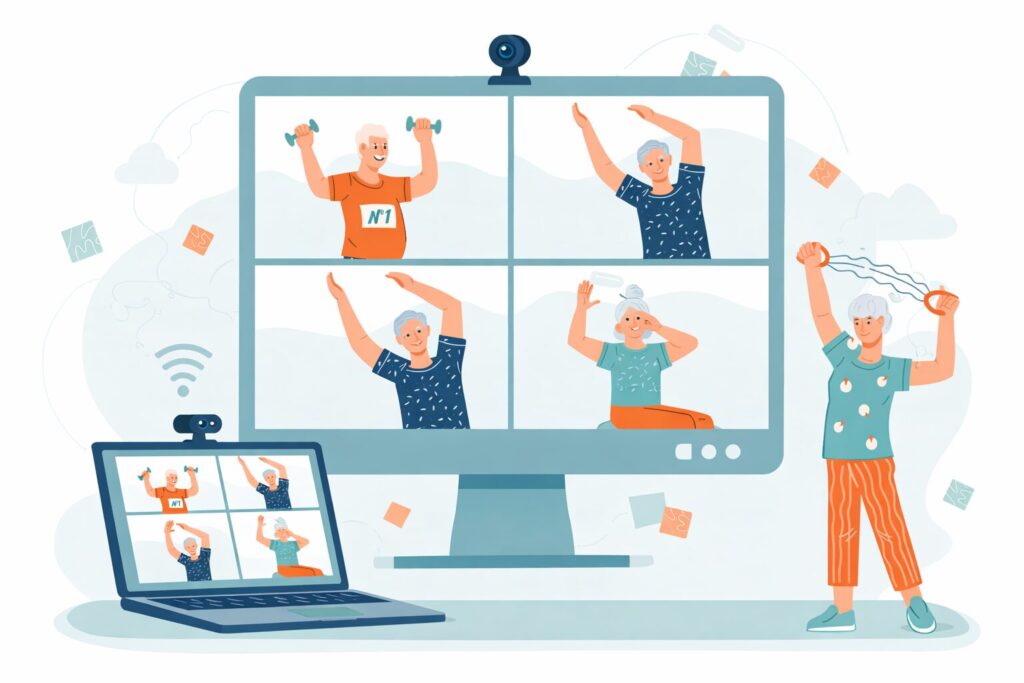 Illustration d’un groupe de seniors suivant un cycle d’activité physique adaptée en visio, exercices doux réalisés ensemble via écran et ordinateur.