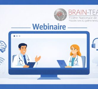 Bannière institutionnelle BRAIN-TEAM Webinaires pour professionnels de santé et médico-sociaux, illustration d’un webinaire en ligne dédié aux maladies rares du système nerveux central.