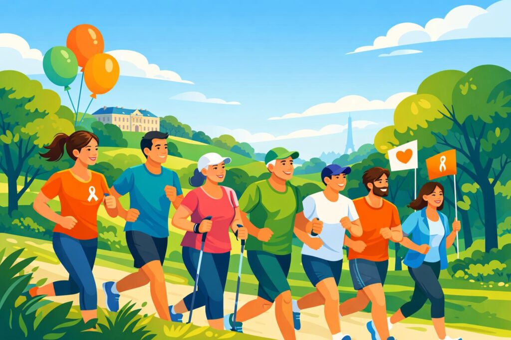 Illustration d’un groupe d’adultes participant à la Course des Héros au Domaine national de Saint-Cloud, courant et marchant ensemble dans une ambiance solidaire et festive.