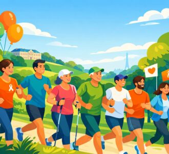 Illustration d’un groupe d’adultes participant à la Course des Héros au Domaine national de Saint-Cloud, courant et marchant ensemble dans une ambiance solidaire et festive.