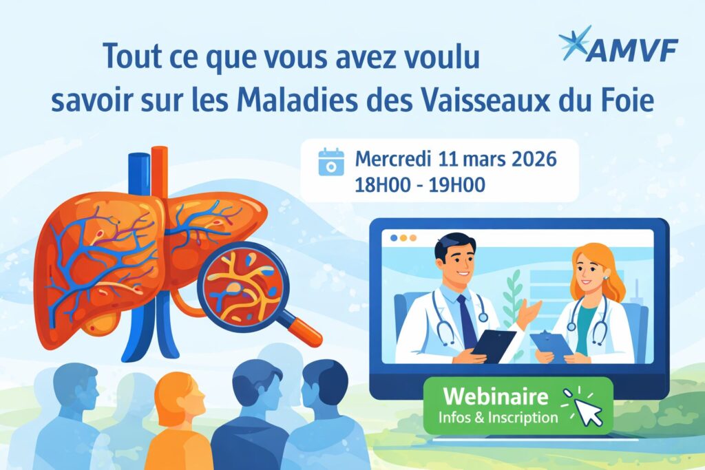 Illustration d’un webinaire médical organisé par l’AMVF sur les maladies des vaisseaux du foie, avec schéma du foie et médecins en visioconférence.