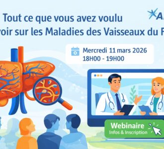Illustration d’un webinaire médical organisé par l’AMVF sur les maladies des vaisseaux du foie, avec schéma du foie et médecins en visioconférence.