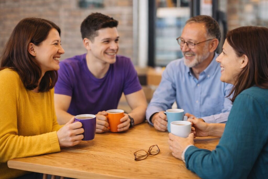 Groupe de personnes assises autour d’une table avec des tasses de café discutant dans une ambiance conviviale lors d’une rencontre associative.