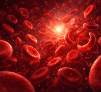 Illustration médicale de globules rouges dans la circulation sanguine avec certaines cellules en forme de faucille, représentant la drépanocytose et la sensibilisation à cette maladie rare